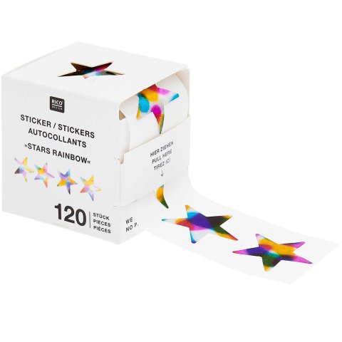 Confezione di adesivi, rotolo 120 pezzi, Stelle arcobaleno