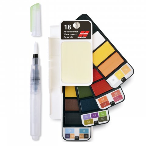 Watercolour fan set 18 cups: 0.1 x 1.5 x 3 cm + 1 water tank brush