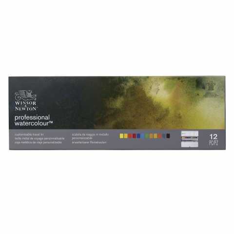 Acquerello professionale Winsor &amp; Newton, set 12 pezzi in scatola di metallo, 1/2 tazze, scatola nera