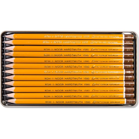 Koh-i-Noor Graphitstift Hardtmuth 1580 Set 1582, 12 Stifte im Metalletui 6B-6H