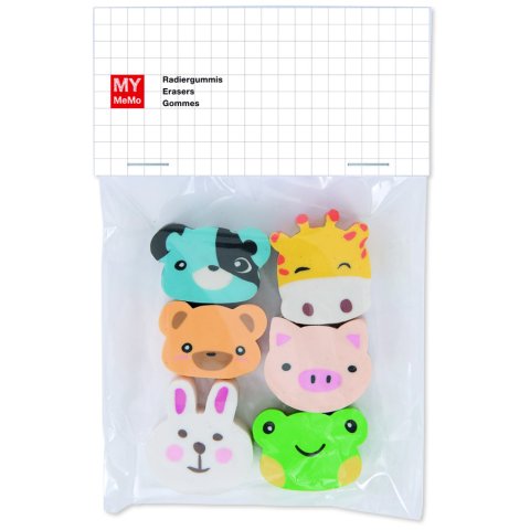 Motif erasers animal faces,  set of 6