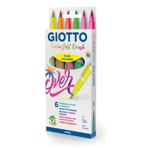 Giotto Brush Pen Turbo Soft Brush Set 6 pens in cardboard case, fluorescent colors
