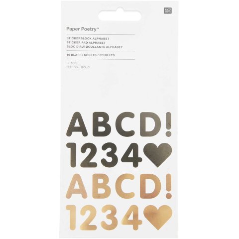 Alphabet sticker pad 16 sheets, black / gold