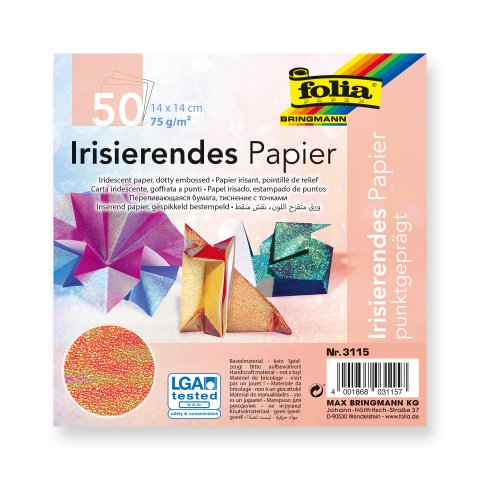 Papel plegable para papiroflexia, color una cara 75 g/m², 14 x 14 cm, 50 hojas, iris. Gofrado de puntos