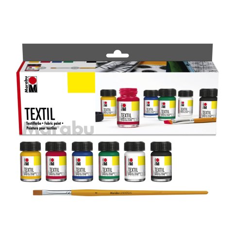 Marabu Textil Stoffmalfarbe Starter Set, 6 x 15 ml (021/032/052/067/070/073)
