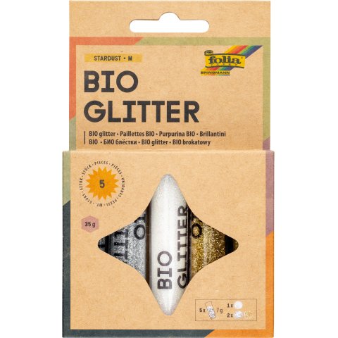 Bio Glitzer, Set 5 Stück, je 7 g, zum Streuen, weiß/gold/silber