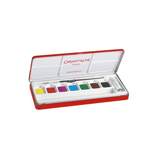 Caran d'Ache Gouachefarbe Studio, Tabletten-Set 7 Farbtabletten + 1 Tube Deckweiß, 1 Pinsel