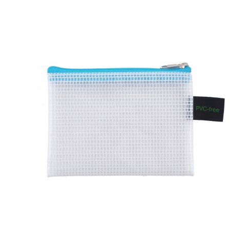Reißverschlussbeutel transparent EVA (PVC-frei) 92 x 128 mm für DIN A7 (Reißverschluss hellblau)