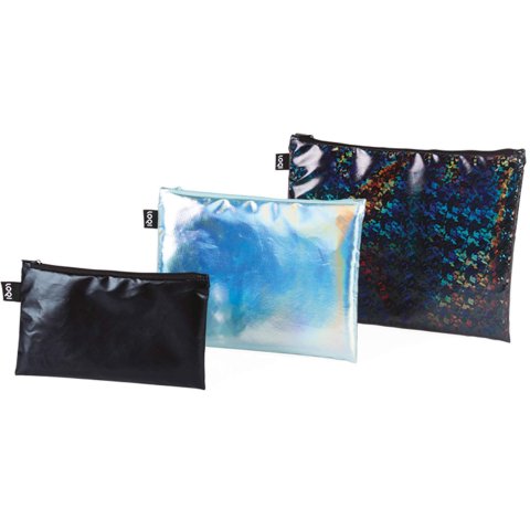 Loqi Reißverschlussbeutel Zip Pockets metallic 3 Größen, black/pearl/prism